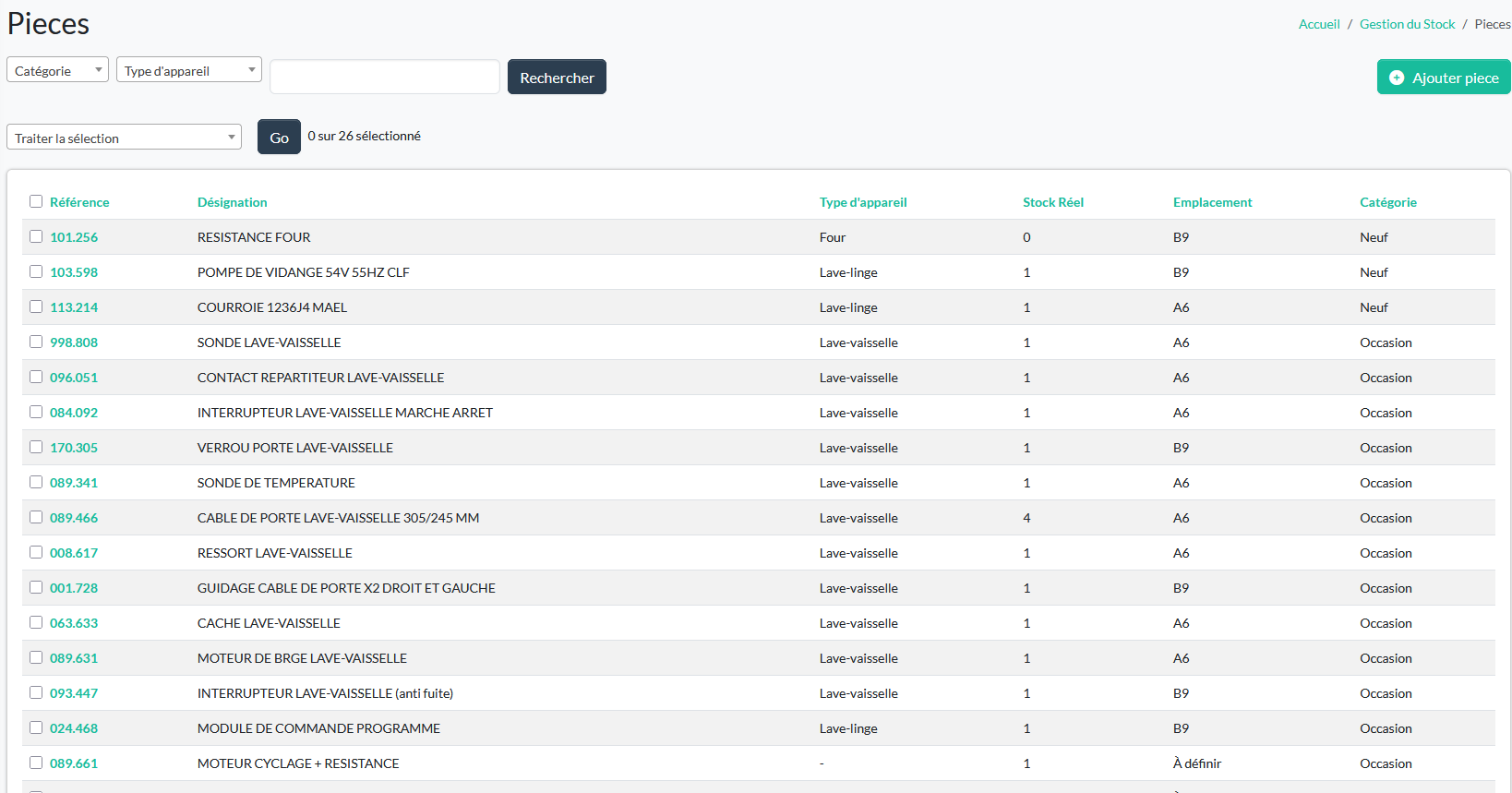 Interface de gestion de stock Cléo — liste des pièces